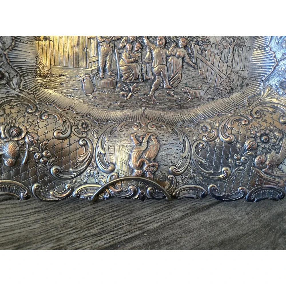 Antique Silver on Copper Dutch Revival Repousse People Tavern Courtyard Bowl